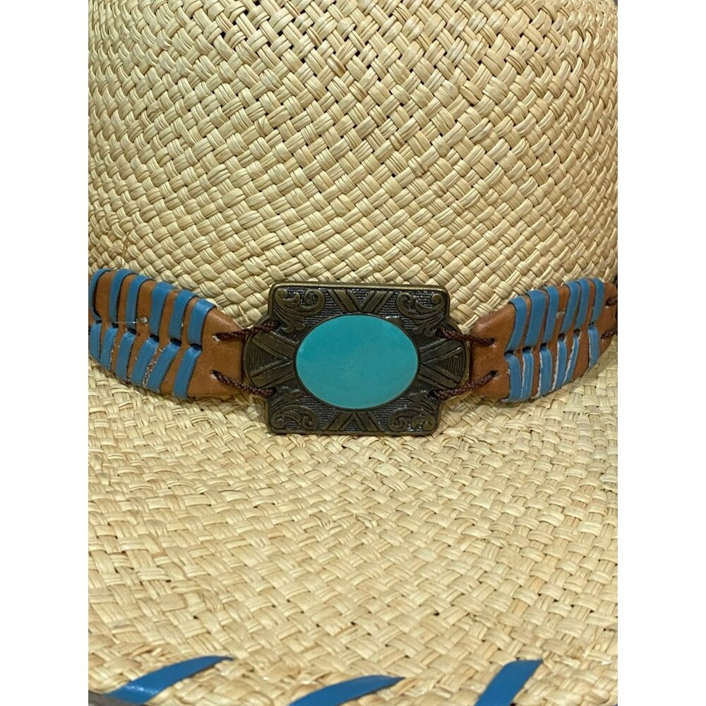 Bullhide Del Mar Straw Cowboy Hat W/Turquoise Accent & Leather Trimmed Band West - Picture 4 of 9